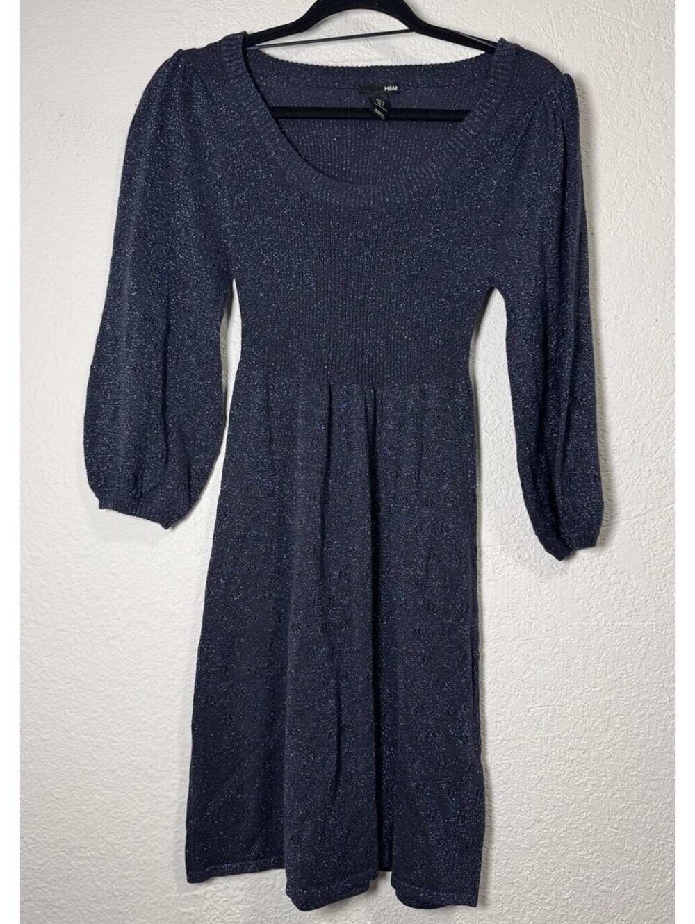 H&M green S puffy long sleeve metallic Navy Blue sweater dress Holiday Xmas